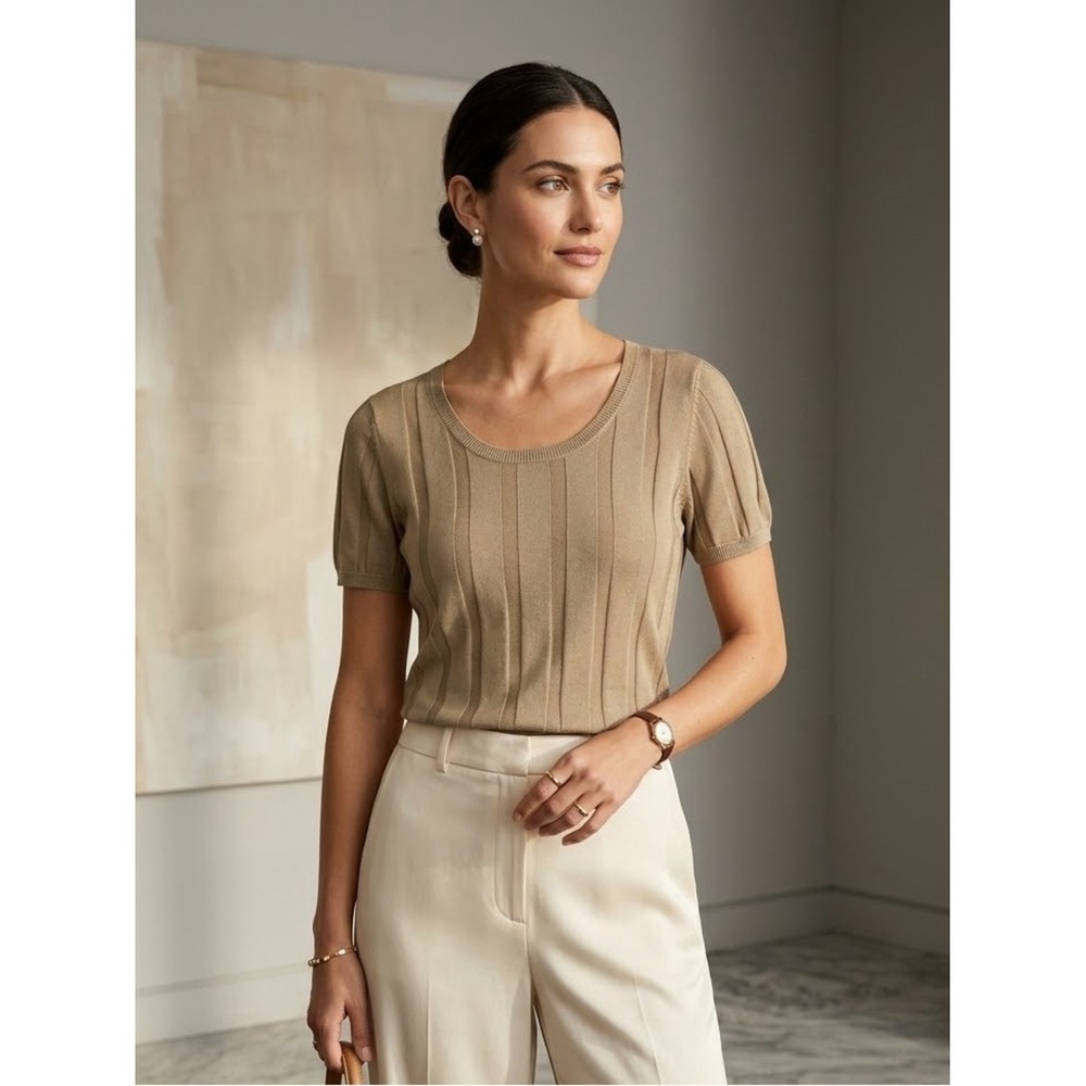 ALFANI Tan 100% Silk Short Sleeve Knit Sweater L Neutral Quiet Luxury Elevated